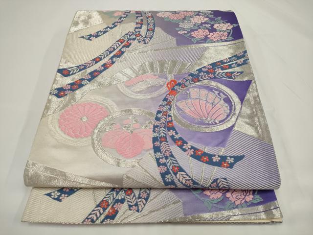平和屋着物◎六通柄袋帯 唐織 束ね熨斗花蝶文 銀糸 正絹 逸品 AABJ4872pf