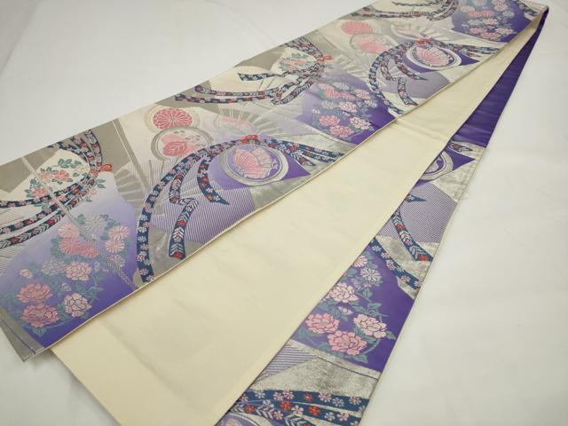 平和屋着物◎六通柄袋帯 唐織 束ね熨斗花蝶文 銀糸 正絹 逸品 AABJ4872pf
