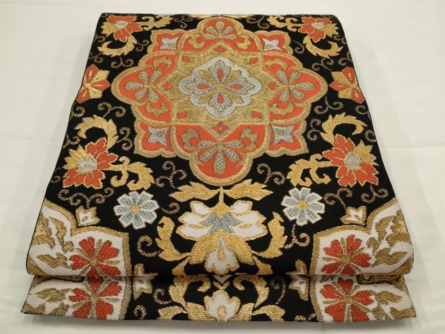 平和屋着物◎六通柄 本袋帯 飾花文 黒地 金糸 三越扱い 正絹 逸品 AABJ4884pf