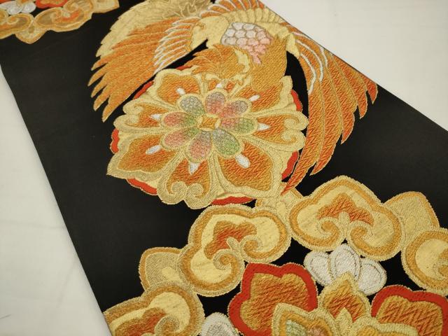 平和屋着物◎六通柄袋帯 鳳凰花文 黒地 金銀糸 正絹 逸品 AABJ4886pf