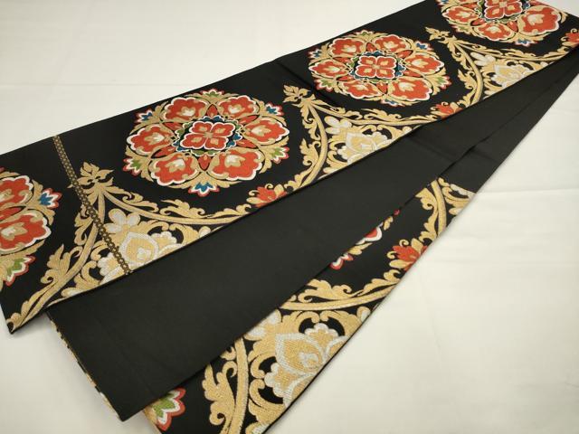 平和屋着物◎六通柄 本袋帯 唐織 飾花文 黒地 金糸 三越扱い 正絹 逸品 AABJ4891pf