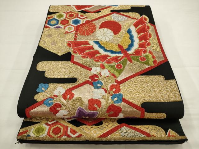 平和屋着物◎六通柄袋帯 唐織 花蝶文 黒地 金銀糸 正絹 逸品 AABJ4893pf