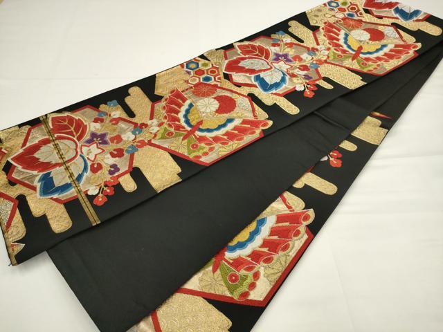 平和屋着物◎六通柄袋帯 唐織 花蝶文 黒地 金銀糸 正絹 逸品 AABJ4893pf