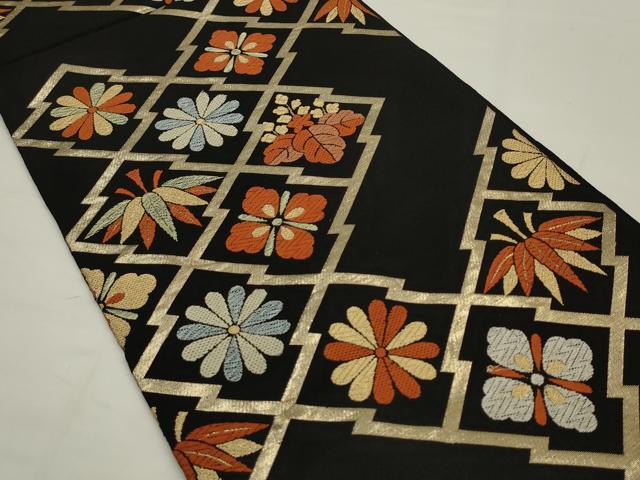平和屋着物◎六通柄 本袋帯 唐織 松皮菱花文 黒地 金糸 正絹 逸品 AABJ4896pf