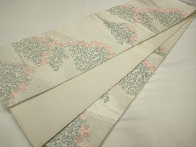 平和屋着物◎六通柄袋帯 草花文 銀糸 正絹 逸品 AABJ4906pf