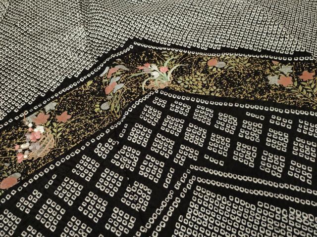平和屋着物●訪問着 総絞り 刺繍 松皮菱花文 黒地 正絹 逸品 AABJ4924ck