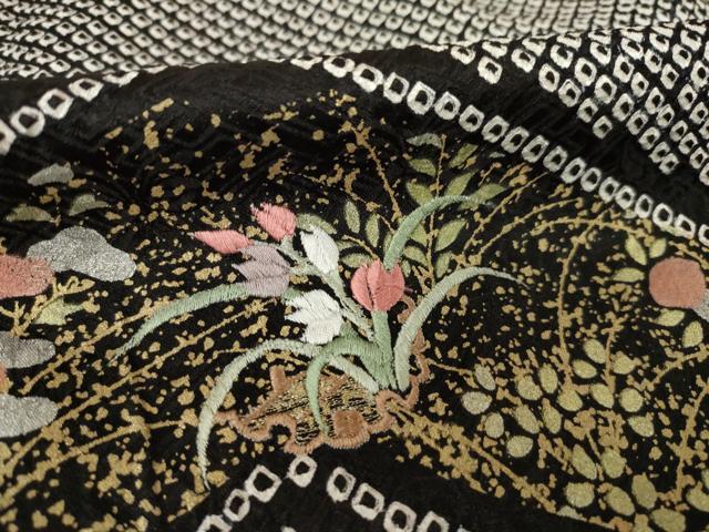 平和屋着物●訪問着 総絞り 刺繍 松皮菱花文 黒地 正絹 逸品 AABJ4924ck