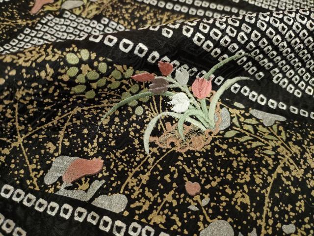 平和屋着物●訪問着 総絞り 刺繍 松皮菱花文 黒地 正絹 逸品 AABJ4924ck