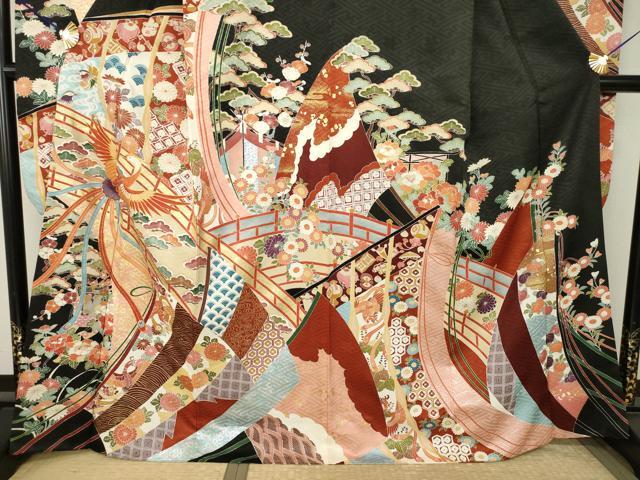 平和屋着物●豪華振袖 駒刺繍 吉祥几帳花鳥文 金彩 正絹 逸品 AABJ4927ck