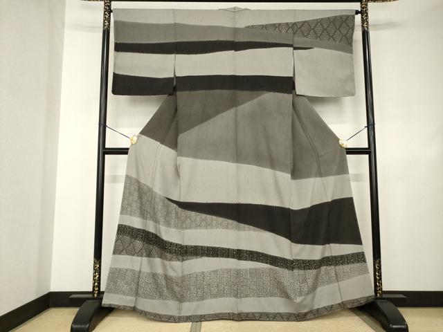 平和屋着物●ぜんまい紬 訪問着 型染め 幾何学花文 健勝苑扱い 正絹 逸品 未使用 AABJ4935ck