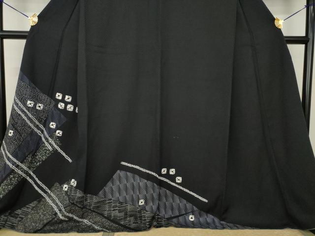 平和屋着物●訪問着 絞り 幾何学文様 黒地 正絹 逸品 AABJ4950ck