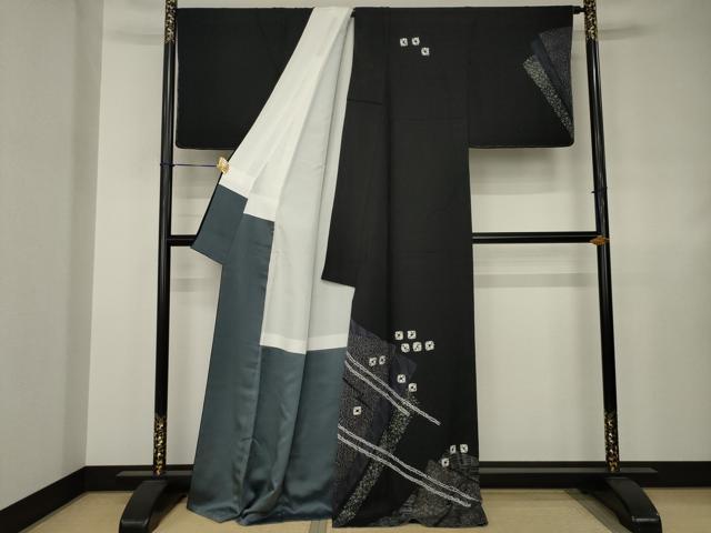 平和屋着物●訪問着 絞り 幾何学文様 黒地 正絹 逸品 AABJ4950ck