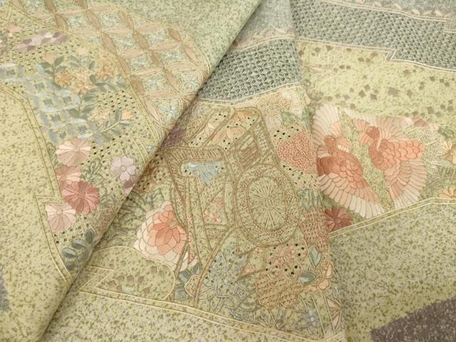 平和屋着物●中国三大刺繍 スワトウ刺繍 汕頭刺繍 本場大島紬 染大島 訪問着 花鳥文 正絹 逸品 AABJ4959ck