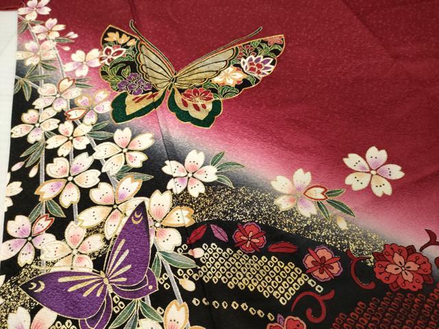 平和屋着物●豪華振袖 駒刺繍 花蝶文 暈し染め 正絹 逸品 AABJ4966ck