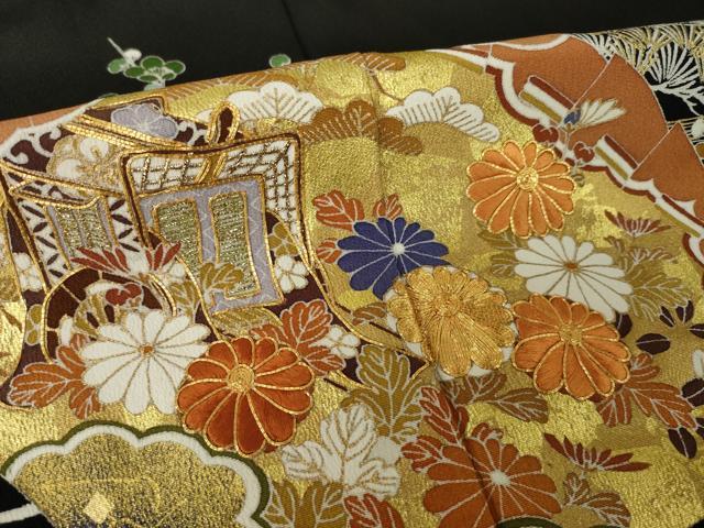 平和屋着物●創業460年・千總 黒留袖 駒刺繍 扇面御所車花文 金彩 正絹 逸品 AABJ4971ck