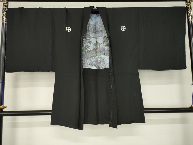 平和屋着物●男性 黒紋付 羽織セット 正絹 逸品 AABJ4977ck