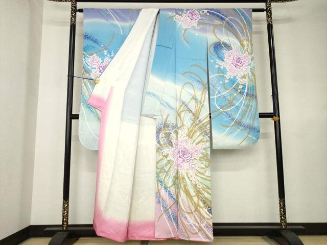 平和屋着物●写真家・秋山庄太郎 振袖 刺繍 薔薇 暈し染め 銀糸 正絹 逸品 AABJ4980ck