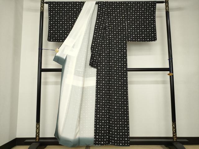 平和屋着物●上質な小紋 幾何学文様 黒地 正絹 逸品 AABJ4992ck