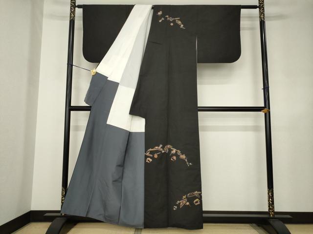 平和屋着物●本場大島紬 染大島 訪問着 総刺繍 器物文 かんざし 櫛 黒地 金糸 正絹 逸品 AABJ4993ck