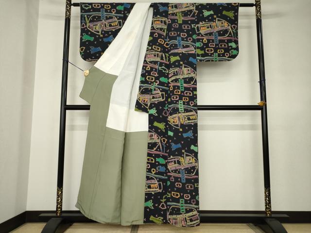 平和屋着物●上質な小紋 漁船 ろうけつ染め 鬼しぼ縮緬 正絹 逸品 AABJ4996ck