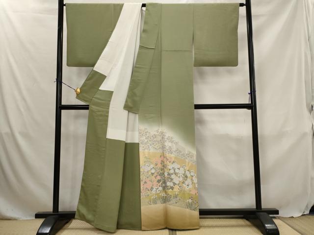 平和屋着物■訪問着 寿光織 作家物 草花文 暈し染め 金糸 正絹 逸品 AABJ5013st