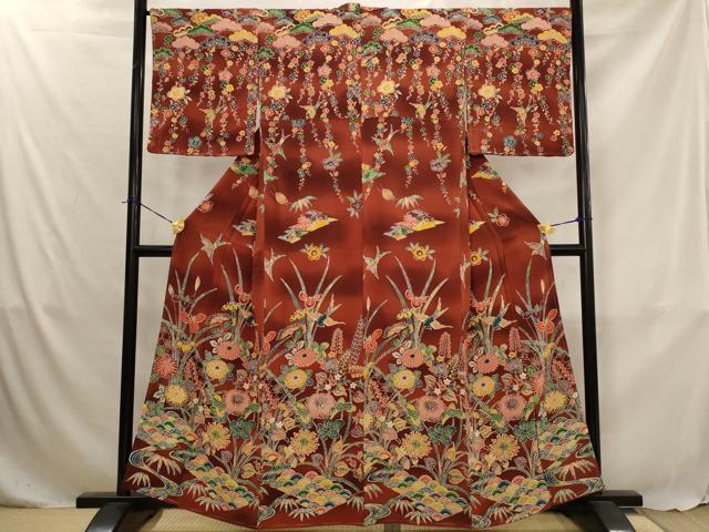平和屋着物■訪問着 花鳥文 型染め 暈し染め 鬼しぼ縮緬 正絹 逸品 未使用 AABJ5045st