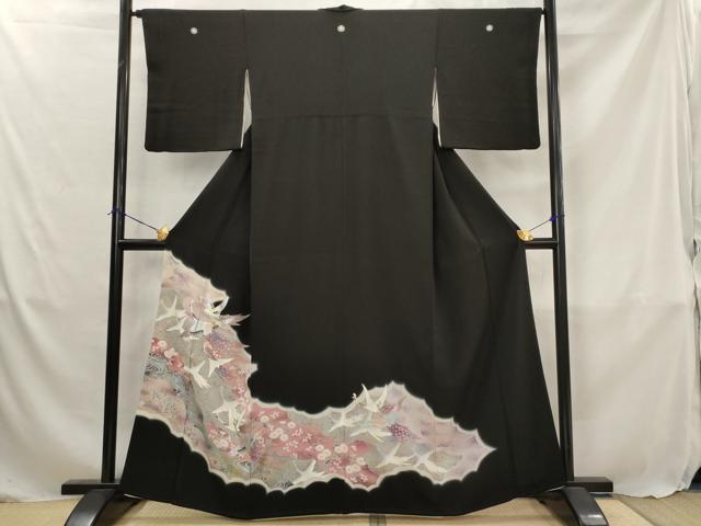 平和屋着物■豪華黒留袖 駒刺繍 流水孔雀花文 暈し染め 金銀彩 銀糸 正絹 逸品 AABJ5077st
