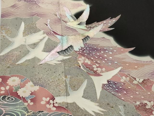 平和屋着物■豪華黒留袖 駒刺繍 流水孔雀花文 暈し染め 金銀彩 銀糸 正絹 逸品 AABJ5077st