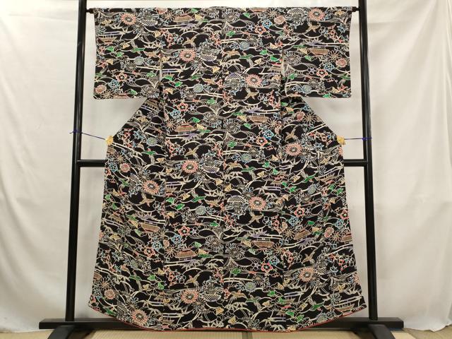 平和屋着物■上質な小紋 型染め 風景花鳥文 黒地 正絹 逸品 AABJ5107st