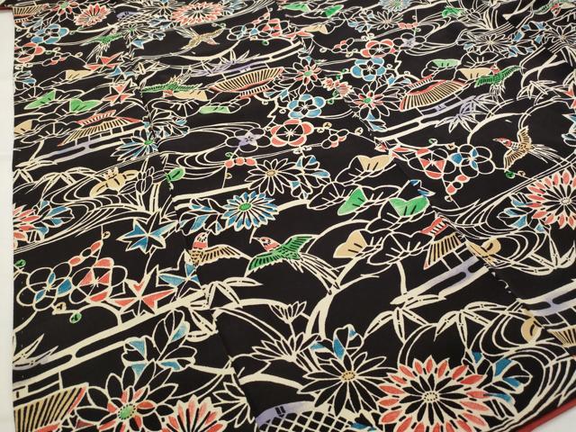 平和屋着物■上質な小紋 型染め 風景花鳥文 黒地 正絹 逸品 AABJ5107st