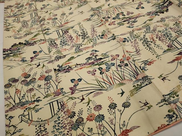 平和屋着物■上質な小紋 型染め 風景花文 正絹 逸品 AABJ5120st