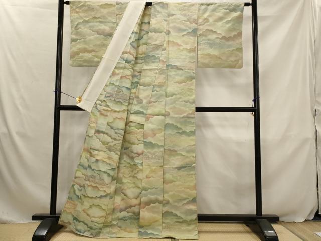 平和屋着物▽お召 単衣 雲取り風景文 正絹 逸品 AABJ5180st