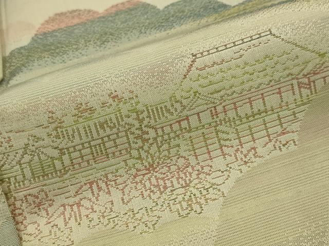 平和屋着物▽お召 単衣 雲取り風景文 正絹 逸品 AABJ5180st