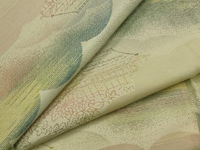 平和屋着物▽お召 単衣 雲取り風景文 正絹 逸品 AABJ5180st
