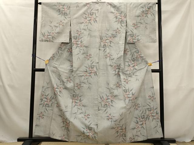 平和屋着物▽上質な紬 単衣 草花文 正絹 逸品 AABJ5182st