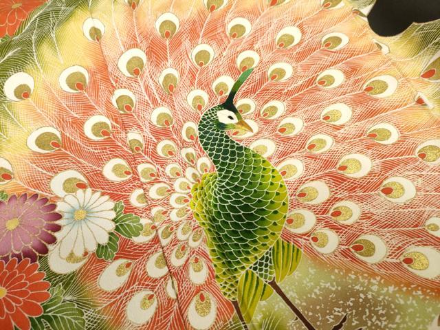 平和屋着物■豪華黒留袖 刺繍 雲取り孔雀花文 金彩 金糸 正絹 逸品 AABJ5233br