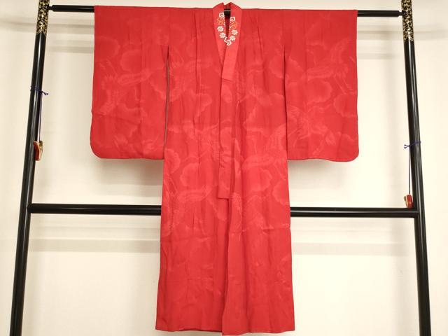 平和屋着物∵女の子 子供 長襦袢 袷 雲重ね飛鶴地紋 猩々緋色 半衿刺繍 逸品 AABJ5296ja