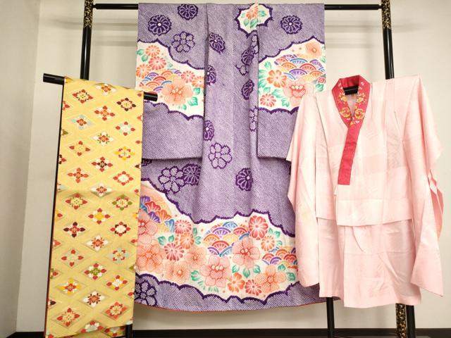平和屋着物∵女の子 十三参り 子供 祝着・長襦袢(無双仕立て・半衿刺繍)・袋帯セット 総絞り 舞扇花文 逸品 AABJ5327ja