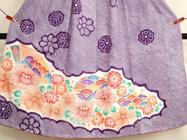 平和屋着物∵女の子 十三参り 子供 祝着・長襦袢(無双仕立て・半衿刺繍)・袋帯セット 総絞り 舞扇花文 逸品 AABJ5327ja