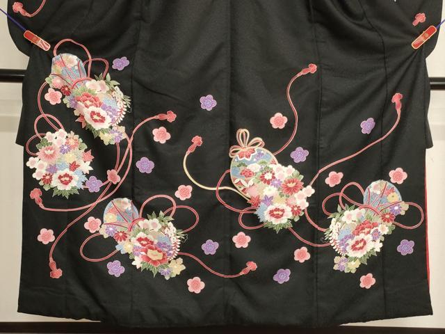 平和屋着物∵女の子 十三参り 子供 祝着・長襦袢(袷・半衿刺繍)セット 花丸鼓文 黒地 AABJ5638ja