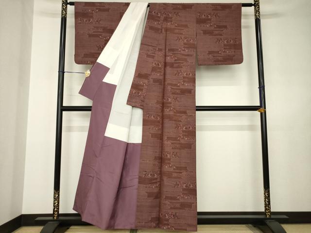 平和屋着物●東京の老舗呉服問屋 菱一 小千谷紬 横段花鳥文 証紙付き 正絹 逸品 AABJ5749ck