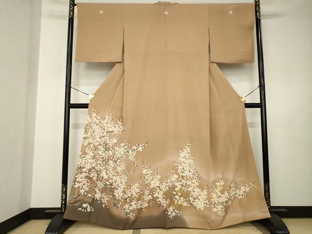 平和屋着物●豪華色留袖 手描き 刺繍 枝梅文 たたき染め 金彩 正絹 逸品 AABJ5757ck