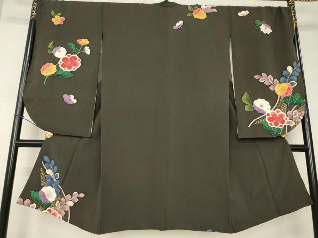 平和屋着物●小振袖 二尺袖 草花文 金彩 正絹 逸品 AABJ5774ck