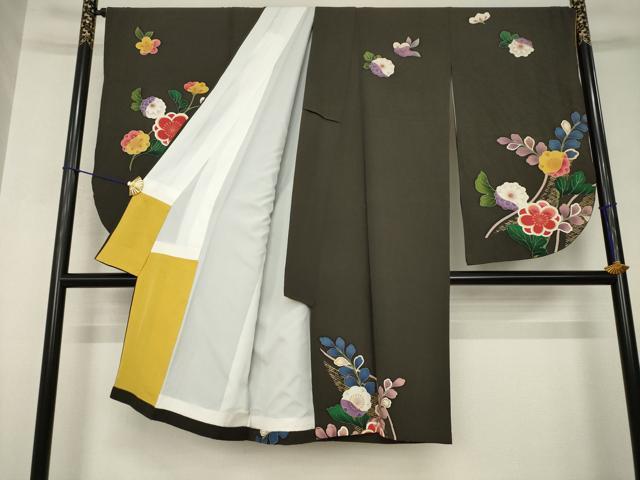 平和屋着物●小振袖 二尺袖 草花文 金彩 正絹 逸品 AABJ5774ck
