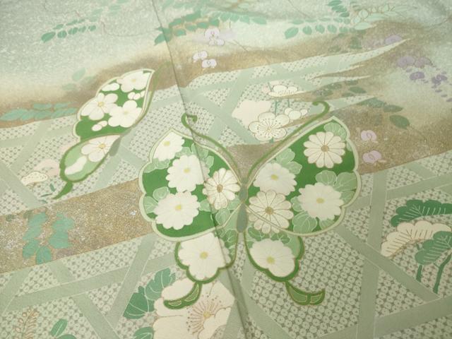 平和屋着物●訪問着 刺繍 花蝶文 暈し染め 金彩 正絹 逸品 AABJ5781ck