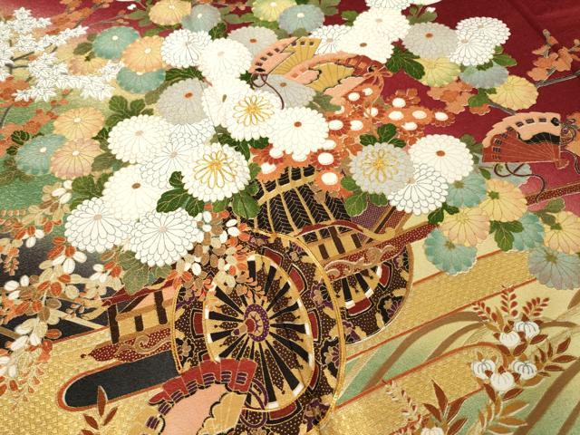 平和屋着物●豪華振袖 駒刺繍 花車文 暈し染め 金彩 正絹 逸品 AABJ5799ck