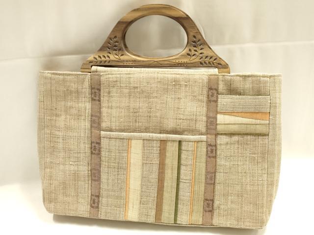 平和屋着物*夏物 和装小物 和装バッグ ハンドバッグ 木製ハンドル 麻 逸品 AABJ5847ay