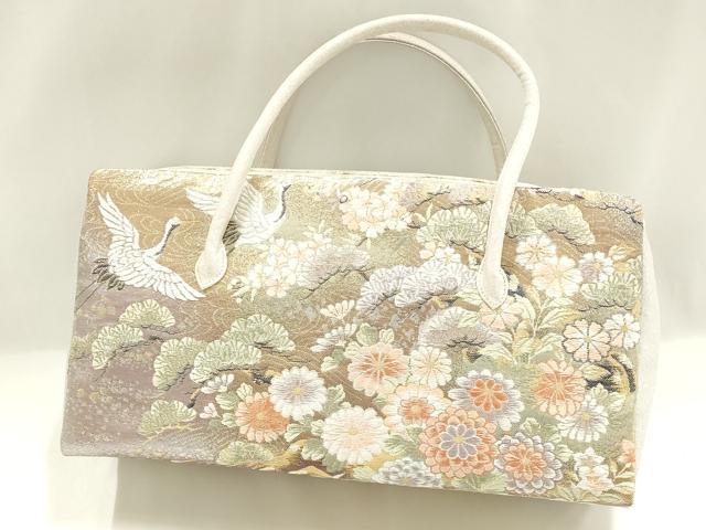 平和屋着物▼和装小物 和装バッグ ハンドバッグ 利休バッグ 飛鶴風景花文 松 金銀糸 帯地使用 逸品 AABJ5872ay