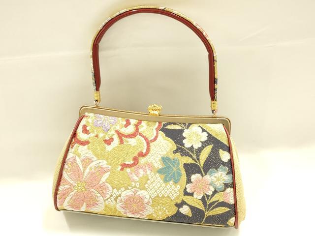 平和屋着物●和装小物 和装バッグ ハンドバッグ 花柄 雪輪 金糸 帯地使用 逸品 AABJ5996ay