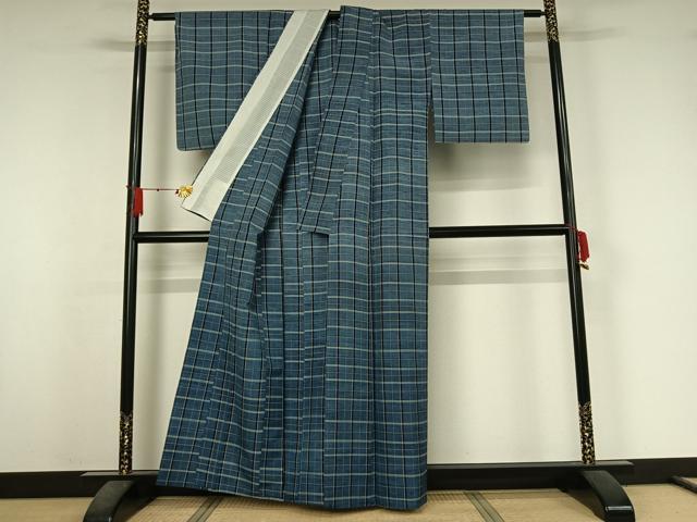 平和屋着物▽上質な紬 単衣 格子 正絹 逸品 AABJ6009jh
